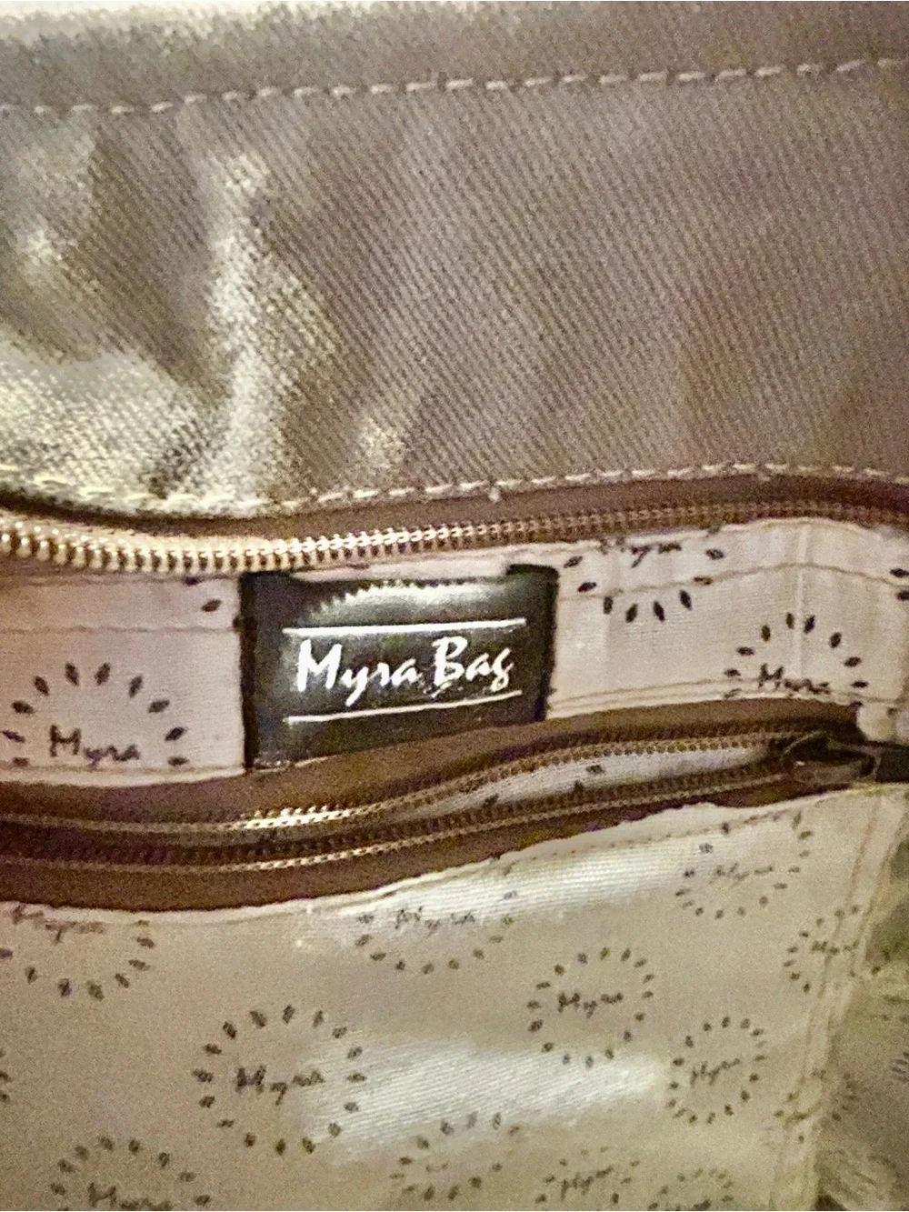 Myra Bag Gray and Brown Patterned Tote with Leather Straps